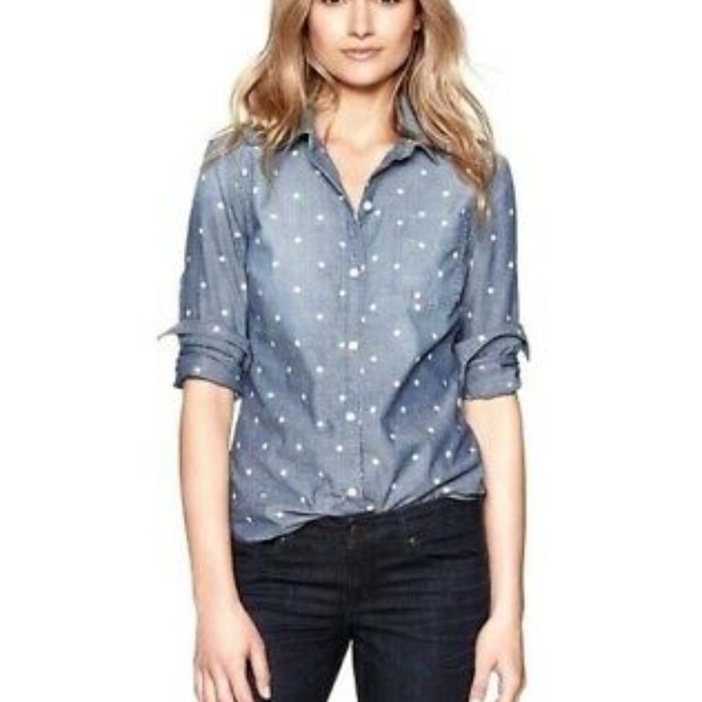 J Crew Chambray Classic Button Down polka dot Top